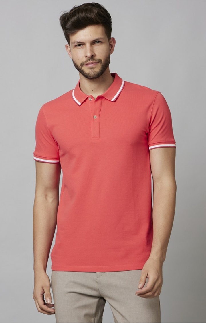 celio | Celio Men Pink Solid Regular Fit Cotton Polo with Tipping Tshirt