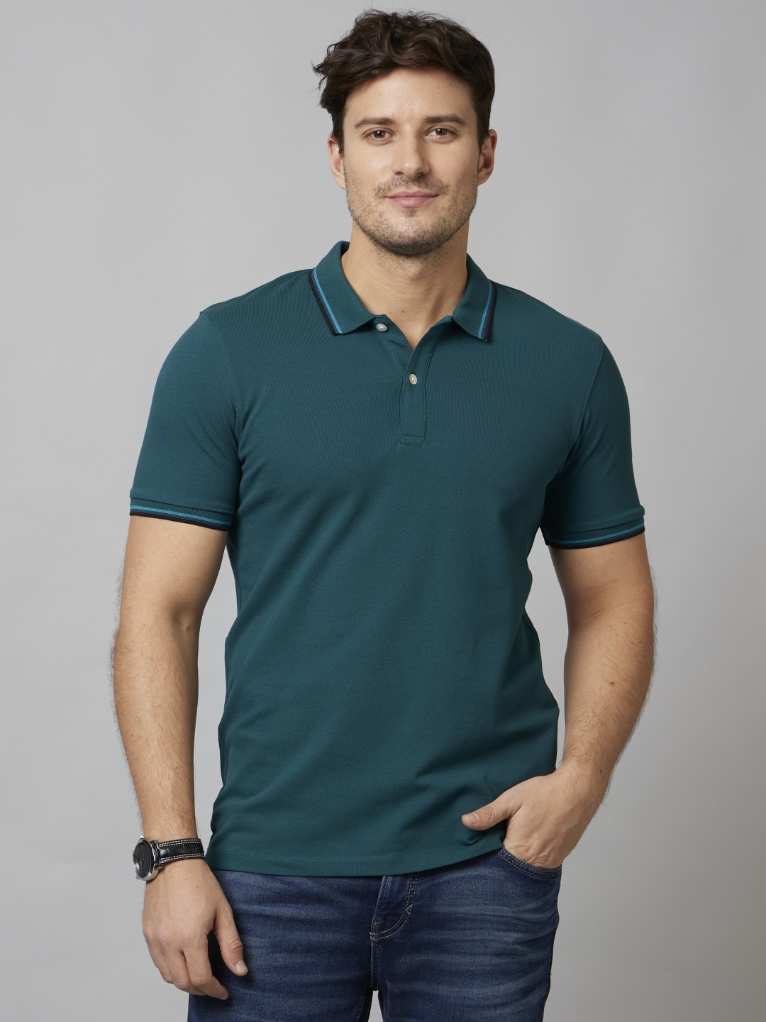 Celio Men Blue Solid Regular Fit Cotton Polo with Tipping Tshirt