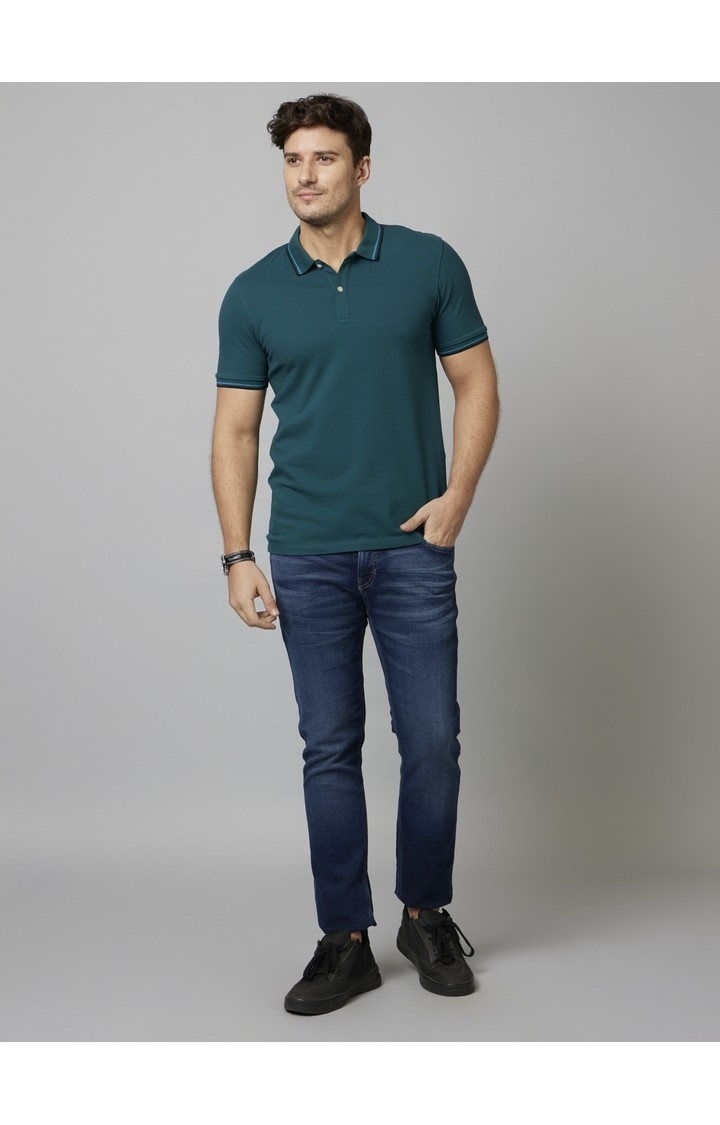 Celio Men Blue Solid Regular Fit Cotton Polo with Tipping Tshirt