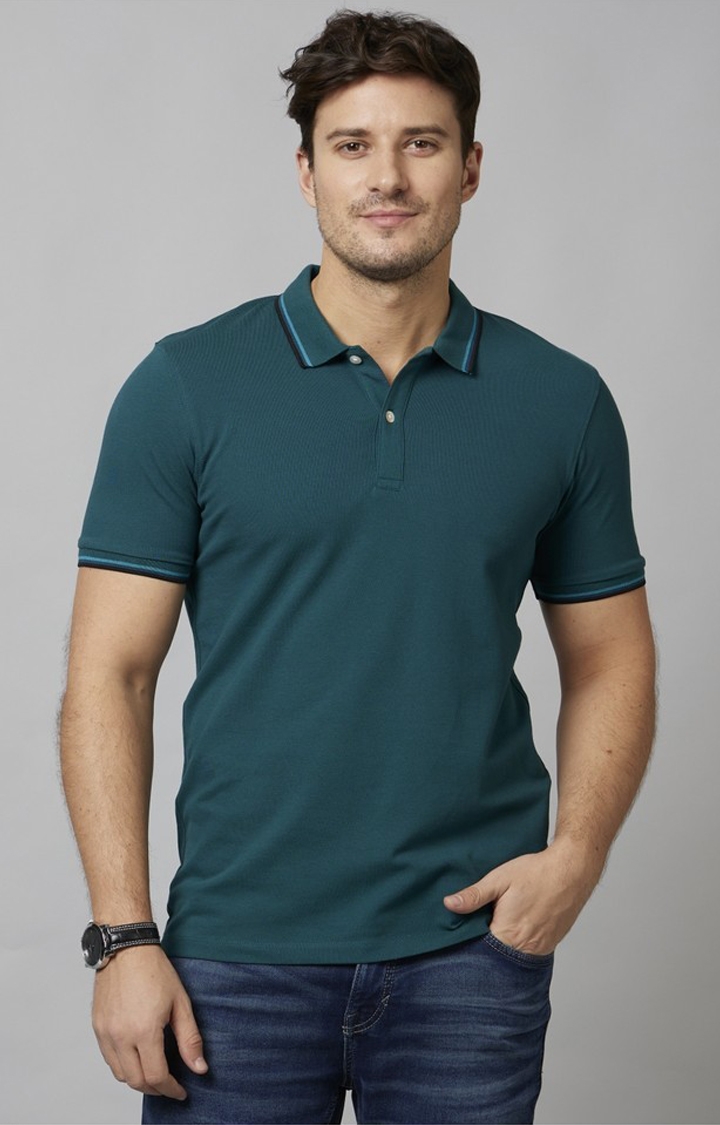 celio | Celio Men Blue Solid Regular Fit Cotton Polo with Tipping Tshirt