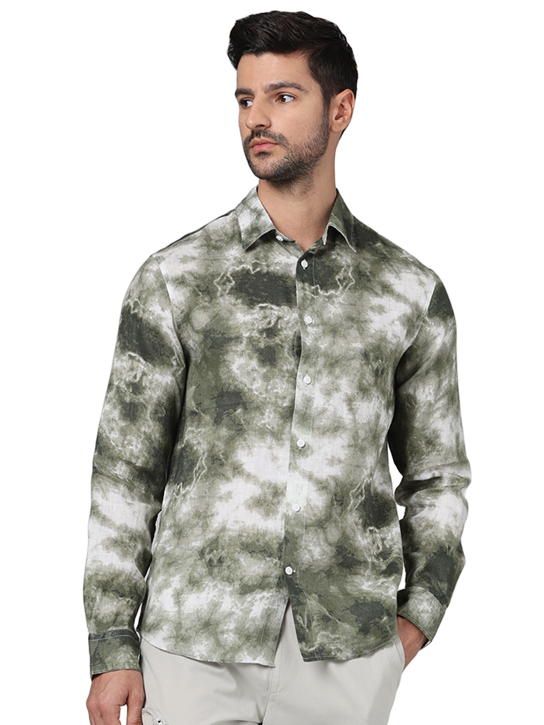 Celio Men Green Printed Regular Fit Linen Casual Shirt