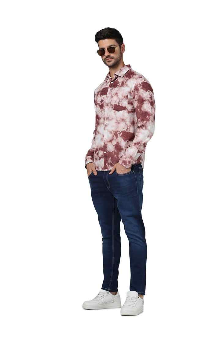 Celio Men Red Printed Regular Fit Linen Casual Shirt