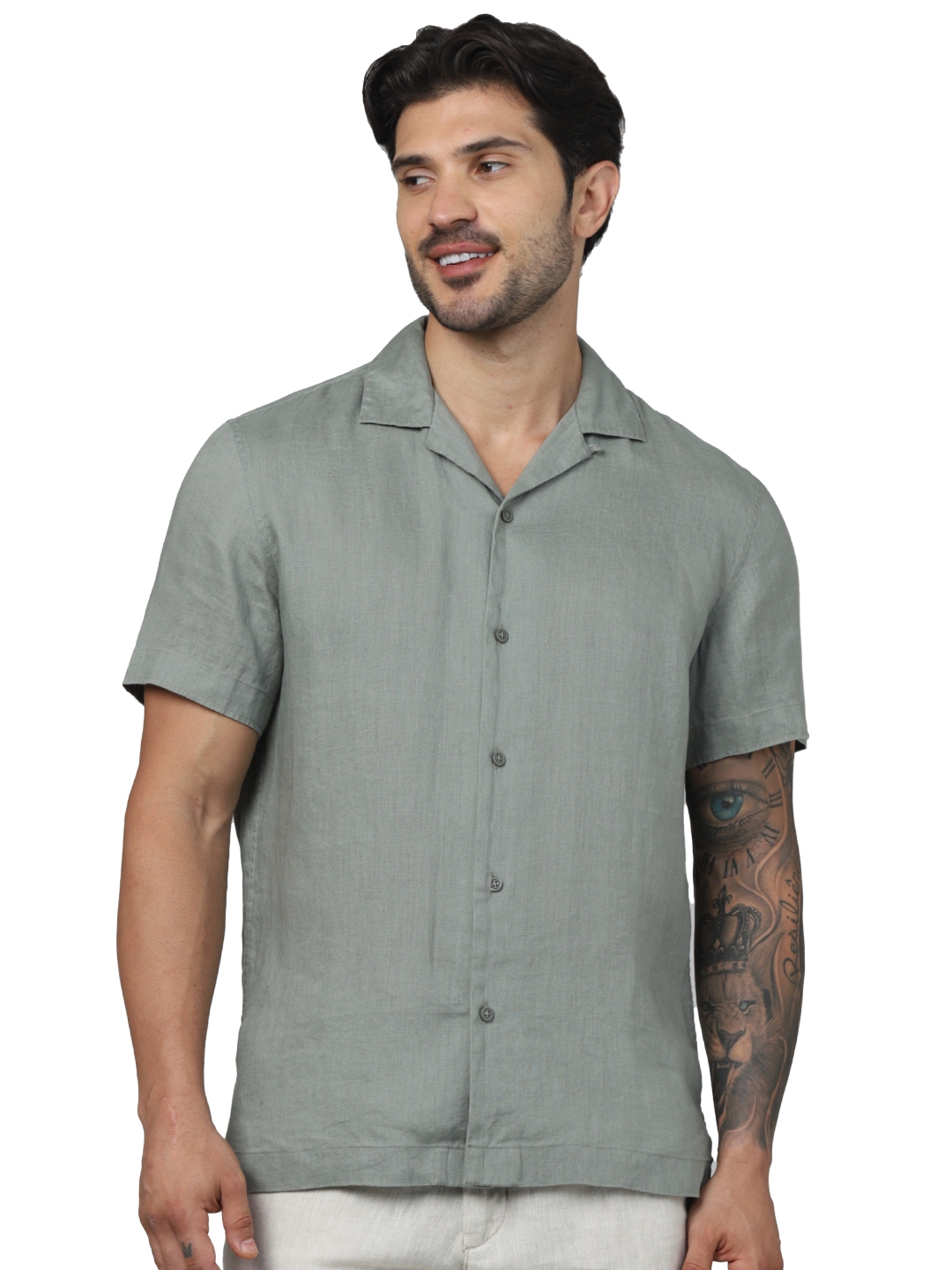 celio | Celio Men Olive Solid Regular Fit Linen Shirts