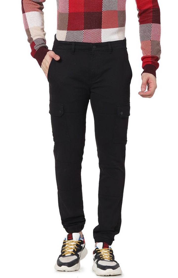 celio | Celio Men Black Solid Loose Fit Cotton Cargo Casual Trouser