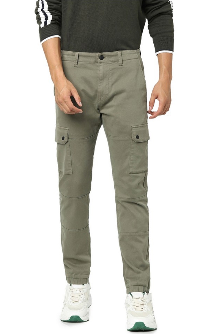 celio | Celio Men Green Solid Loose Fit Cotton Cargo Casual Trouser