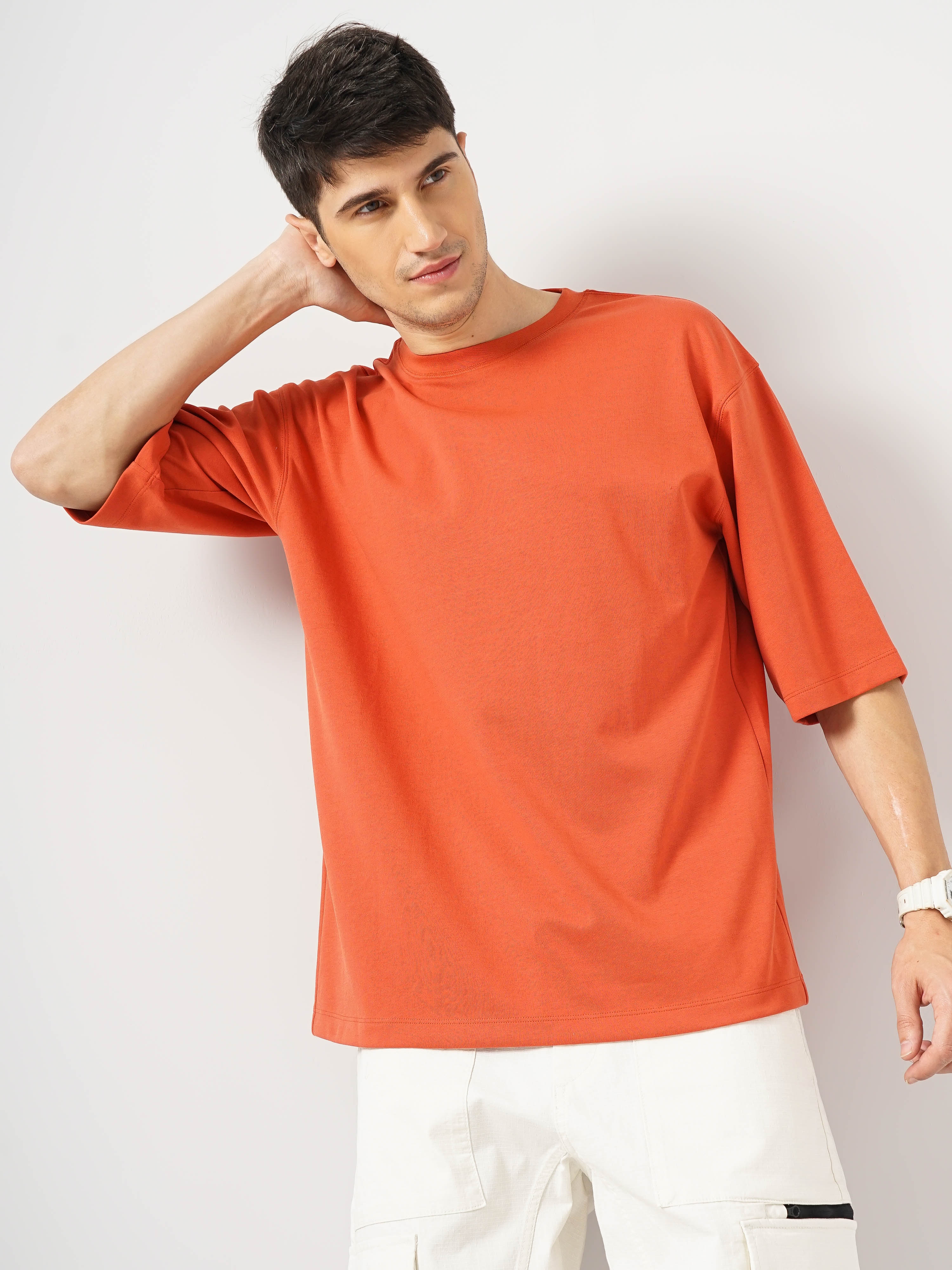 Celio Men Orange Solid Oversized Cotton Fashion T-Shirt