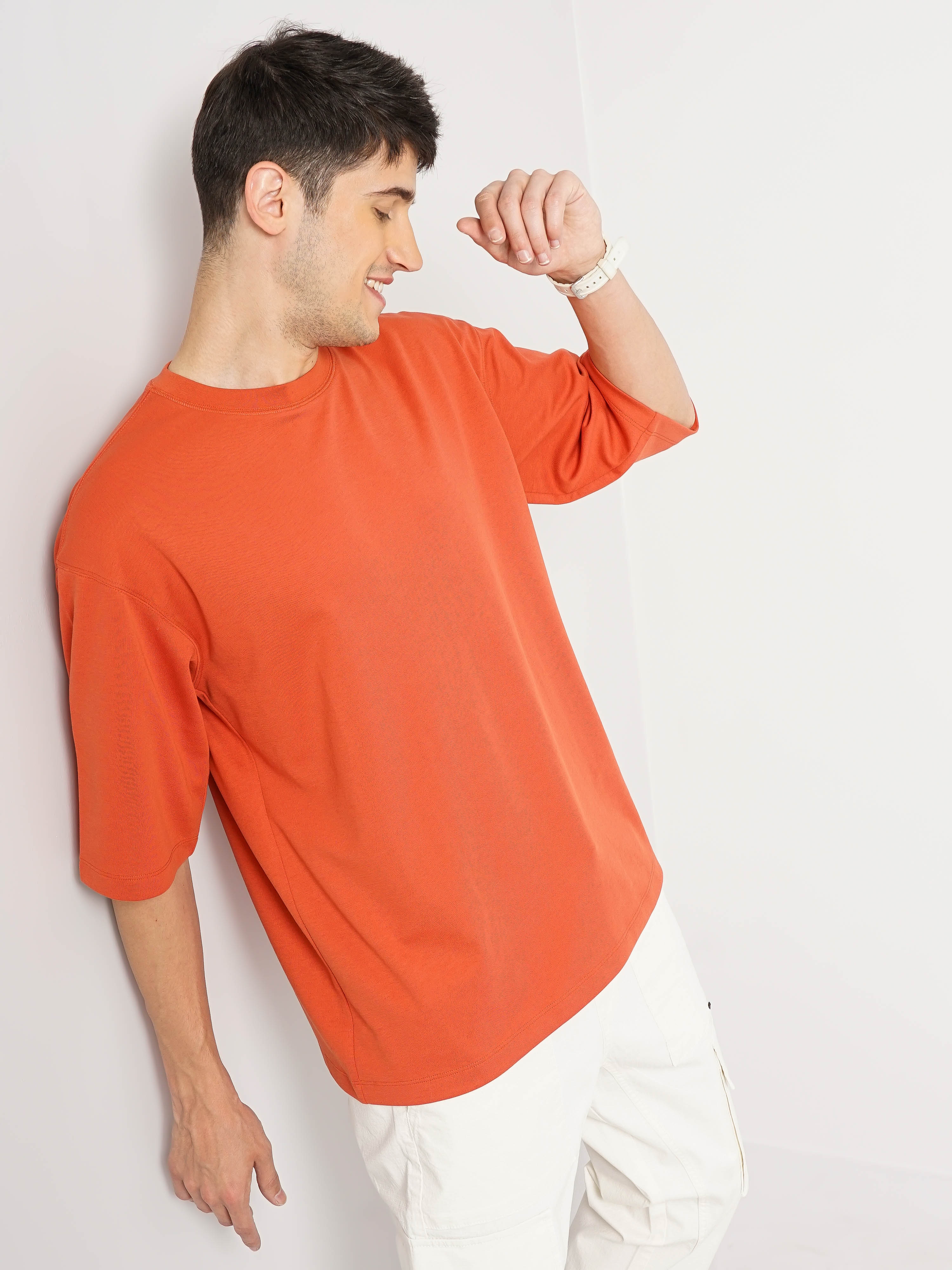 Celio Men Orange Solid Oversized Cotton Fashion T-Shirt