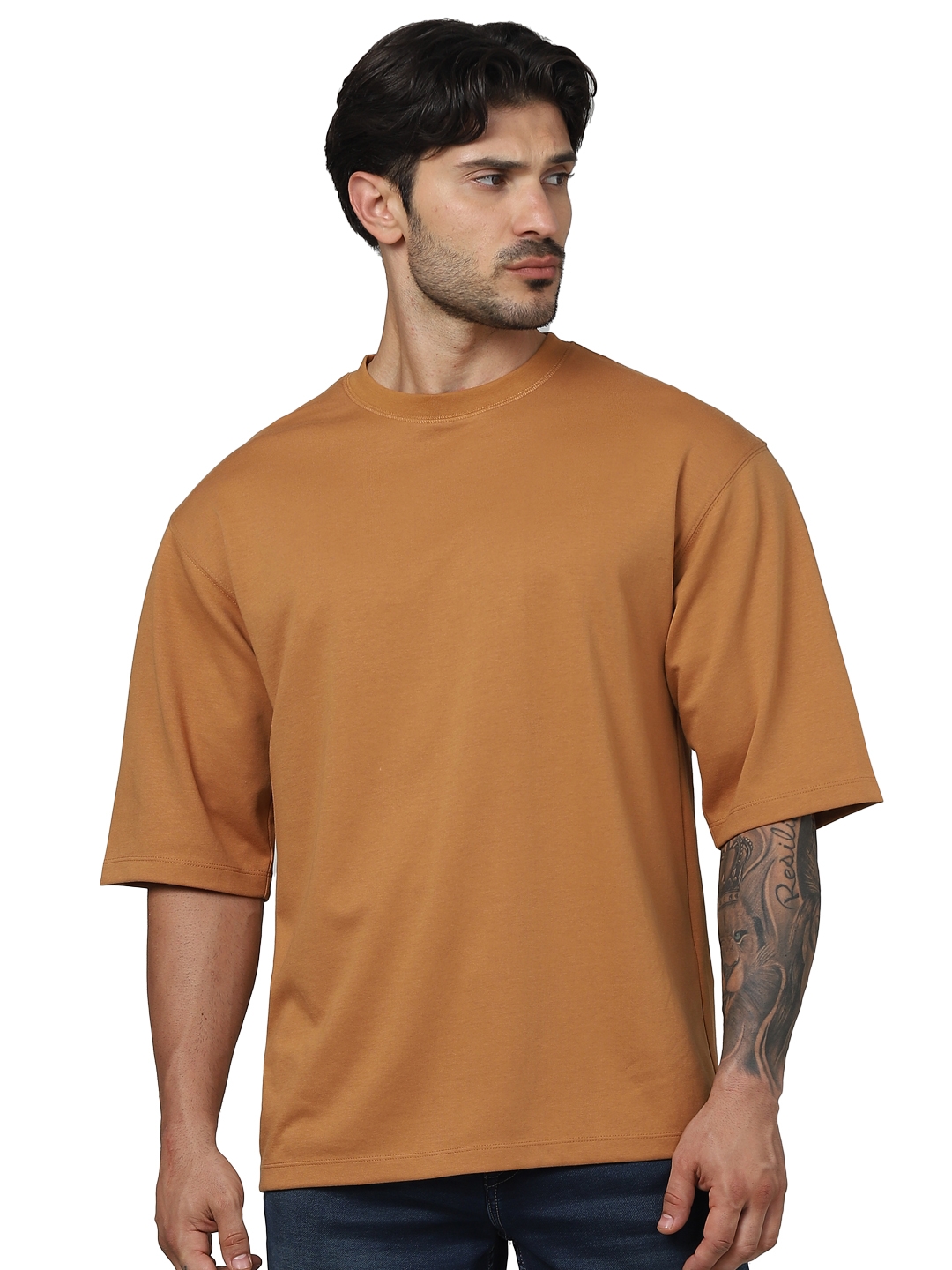 Celio Men Brown Solid Oversized Cotton Fashion Tshirts