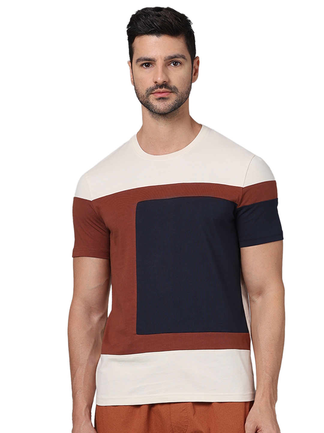 celio | Celio Men Beige Colourblocked Regular Fit Cotton Fashion Tshirt