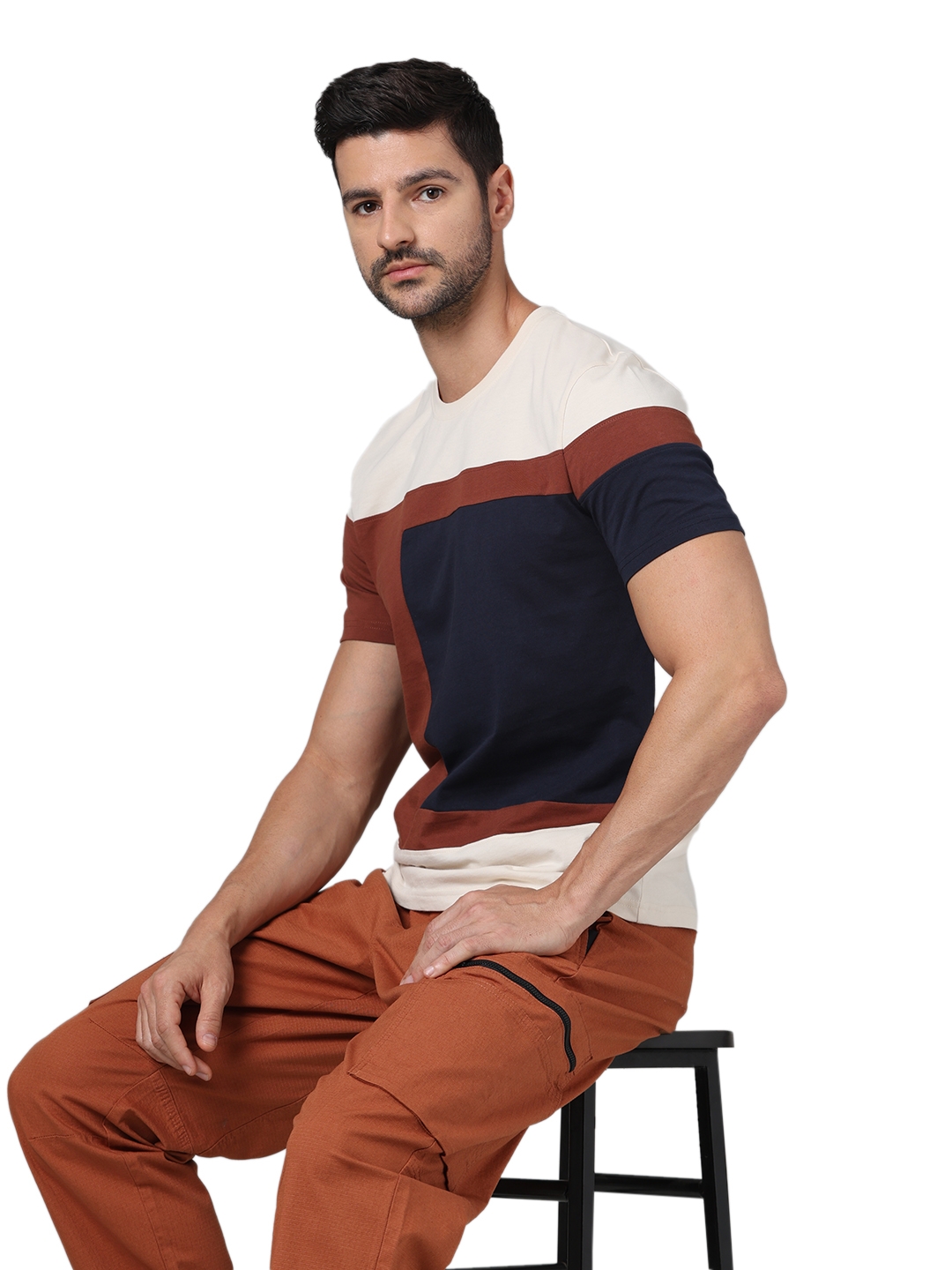 Celio Men Beige Colourblocked Regular Fit Cotton Fashion Tshirt