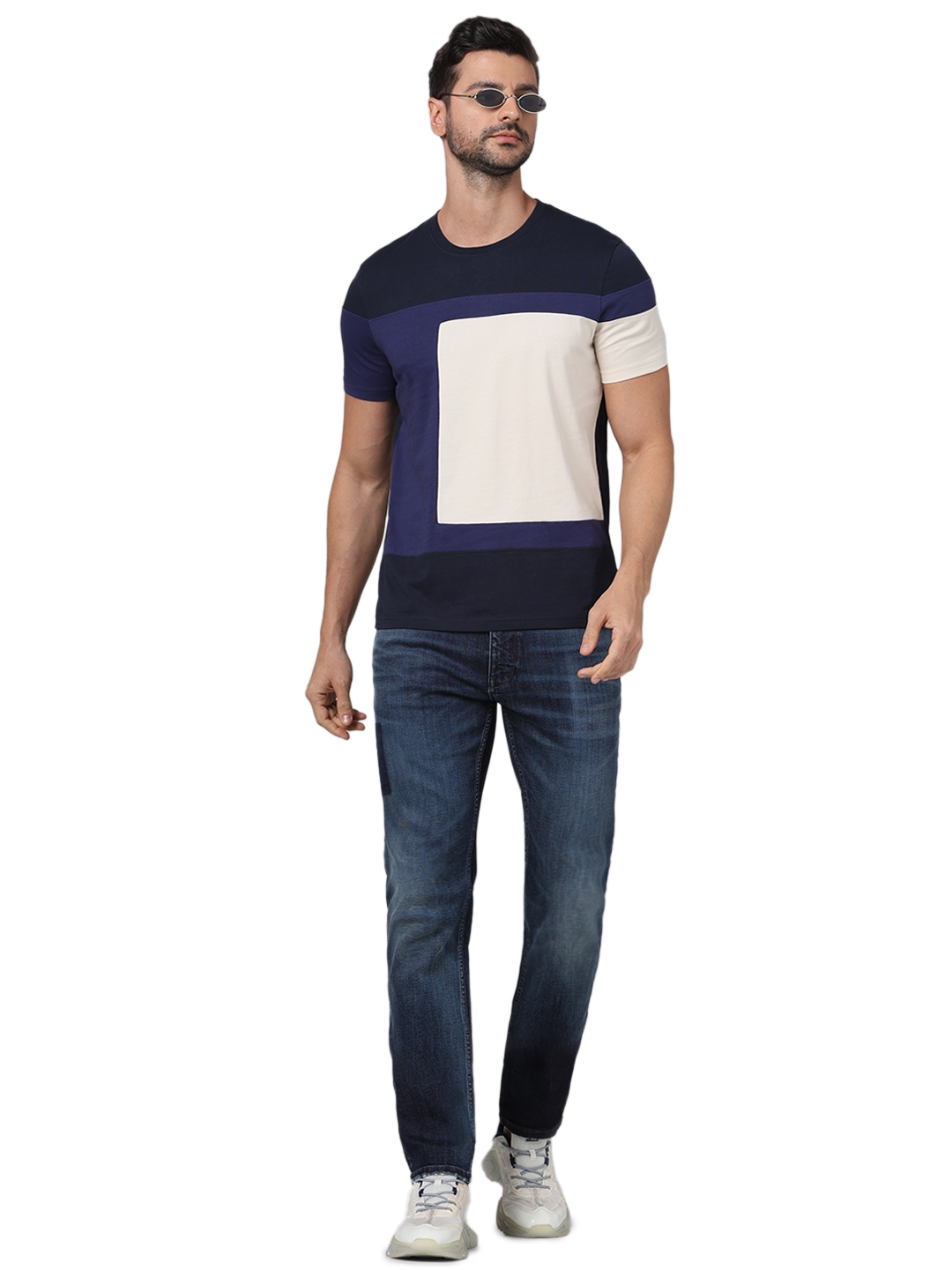 Celio Men Navy Blue Colourblocked Regular Fit Cotton Fashion Tshirt