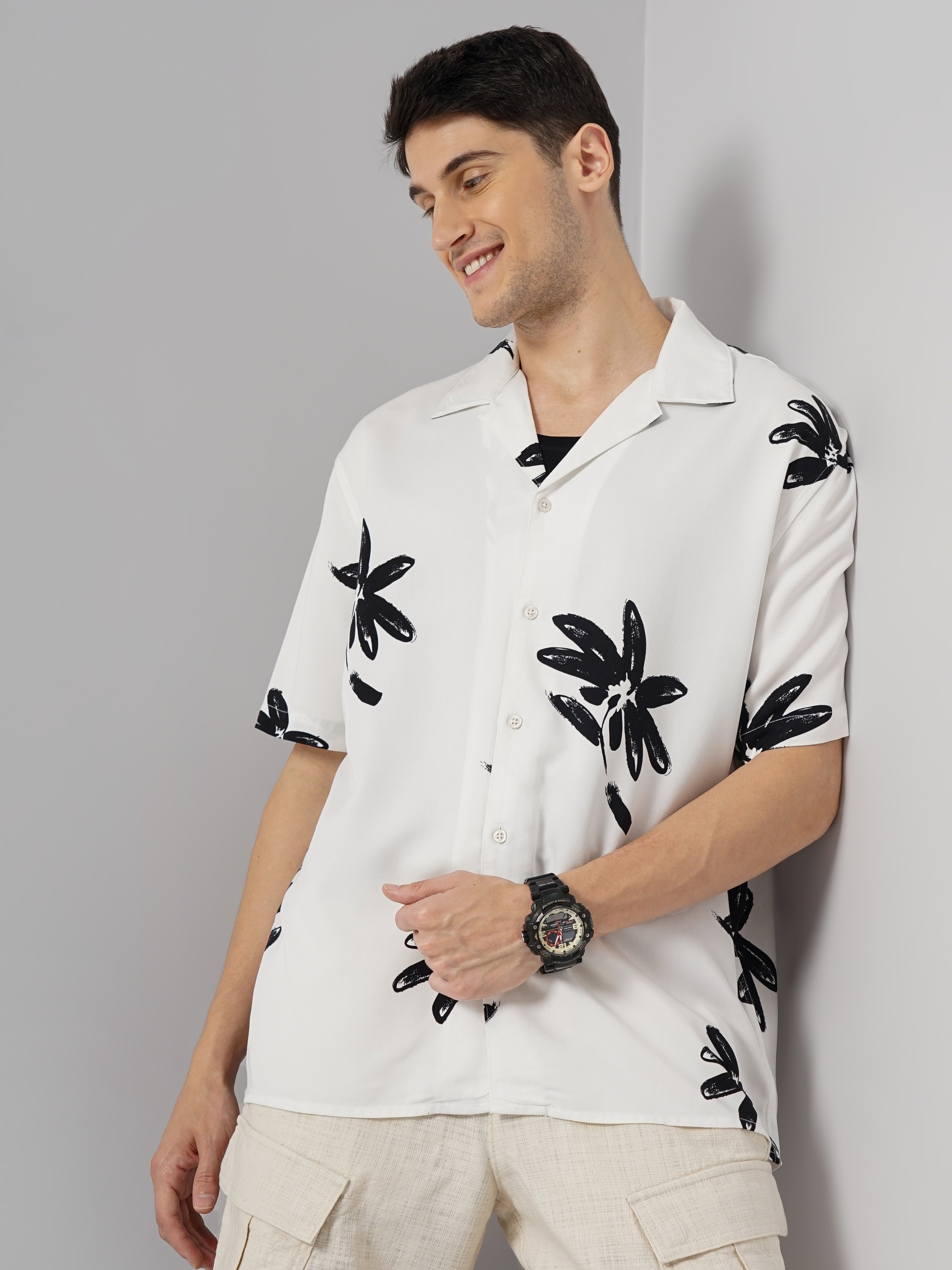 Celio Men White Printed Regular Fit Viscose Rayon Soft Touch Casual Shirt