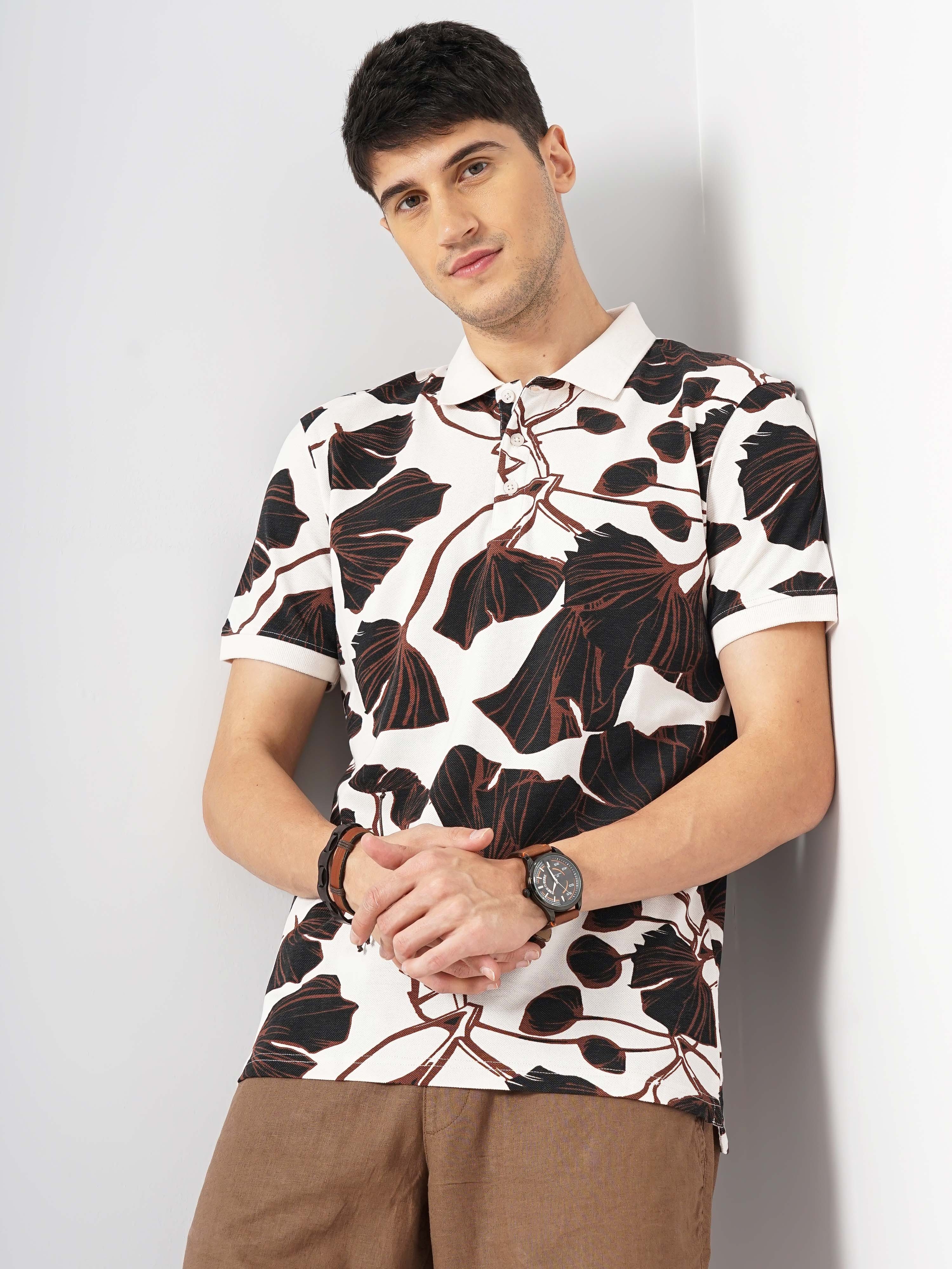 celio | Celio Men Beige Regular Fit Cotton All Over Print T-Shirt