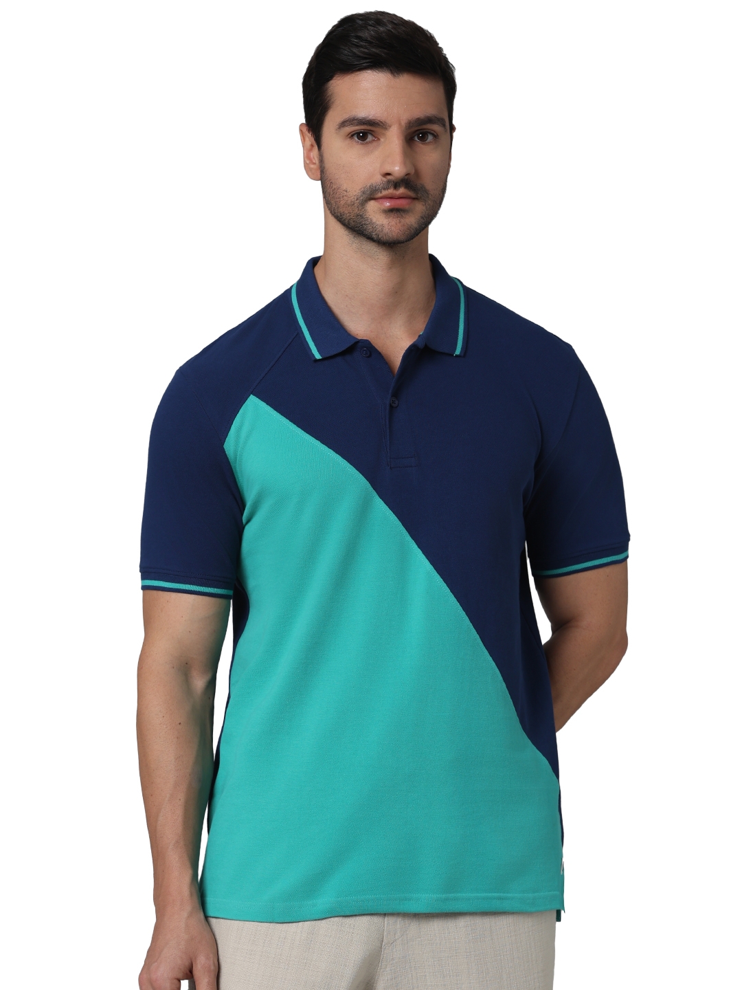 celio | Celio Men Green Colourblocked Regular Fit Cotton Fashion Polo Tshirt