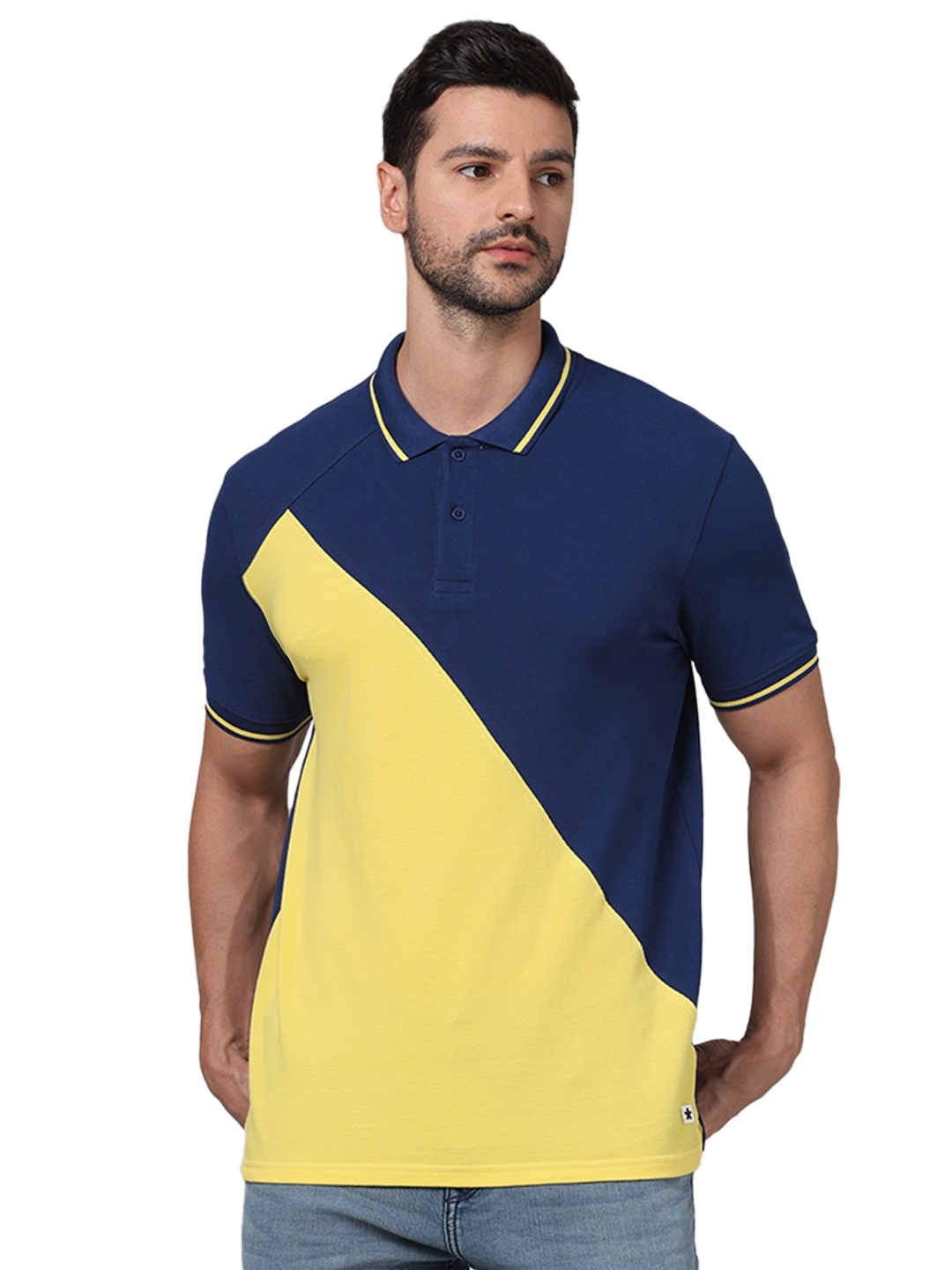 Celio Men Yellow Colourblocked Regular Fit Cotton Fashion Polo Tshirt