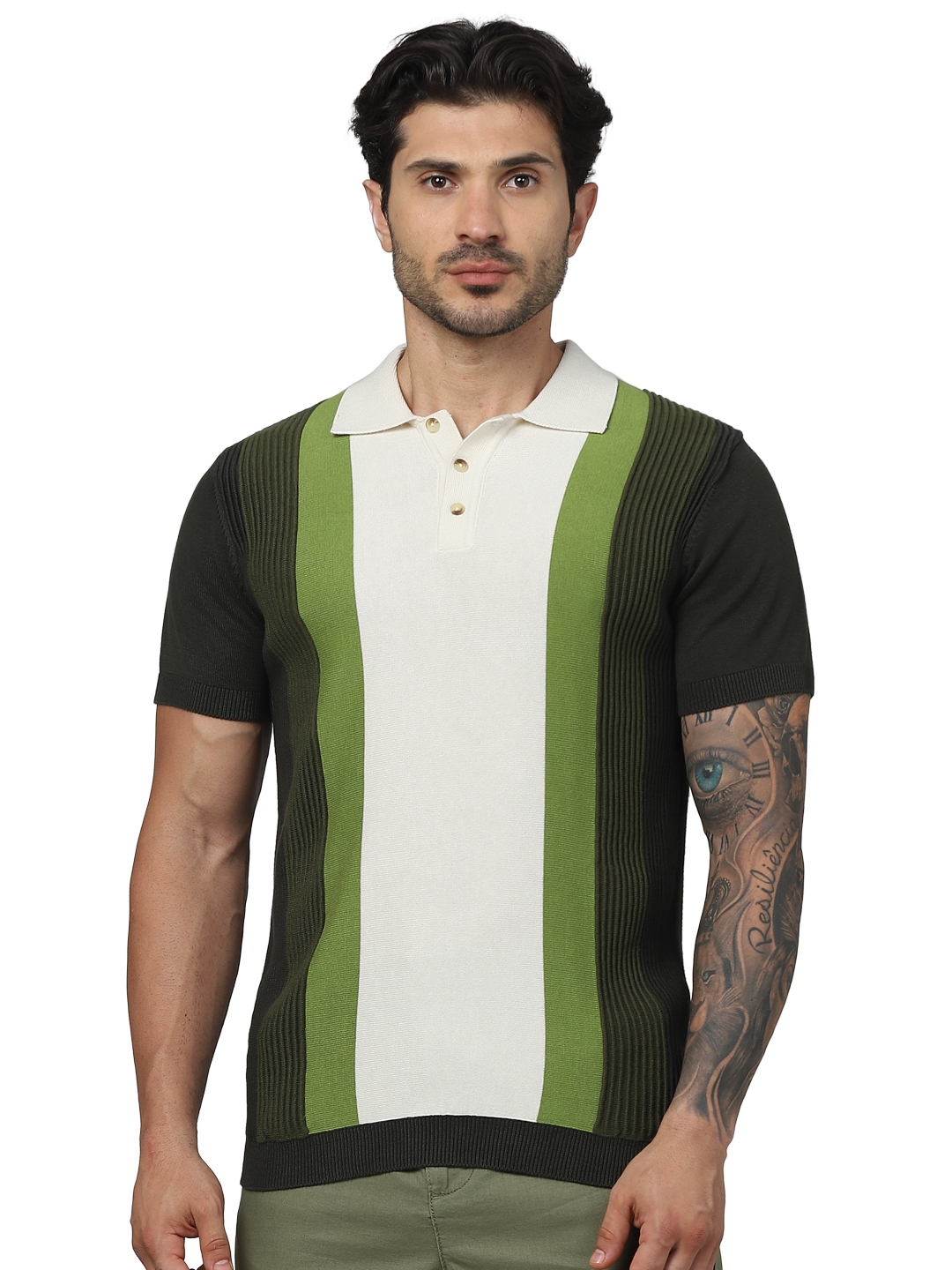 celio | Celio Men Green Colourblocked Regular Fit Cotton Flat Knit Tshirts