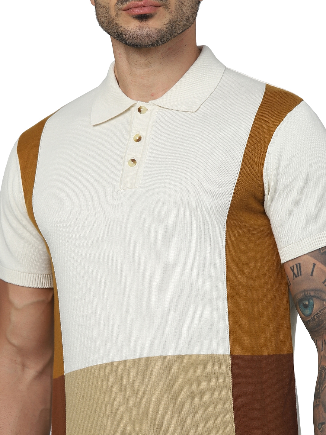 Celio Men Beige Colourblocked Regular Fit Cotton Flat Knit Tshirts