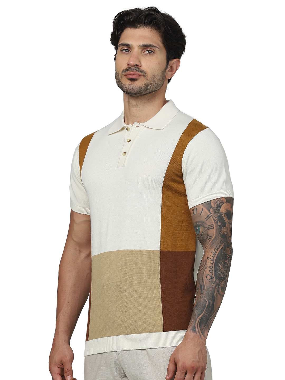 celio | Celio Men Beige Colourblocked Regular Fit Cotton Flat Knit Tshirts
