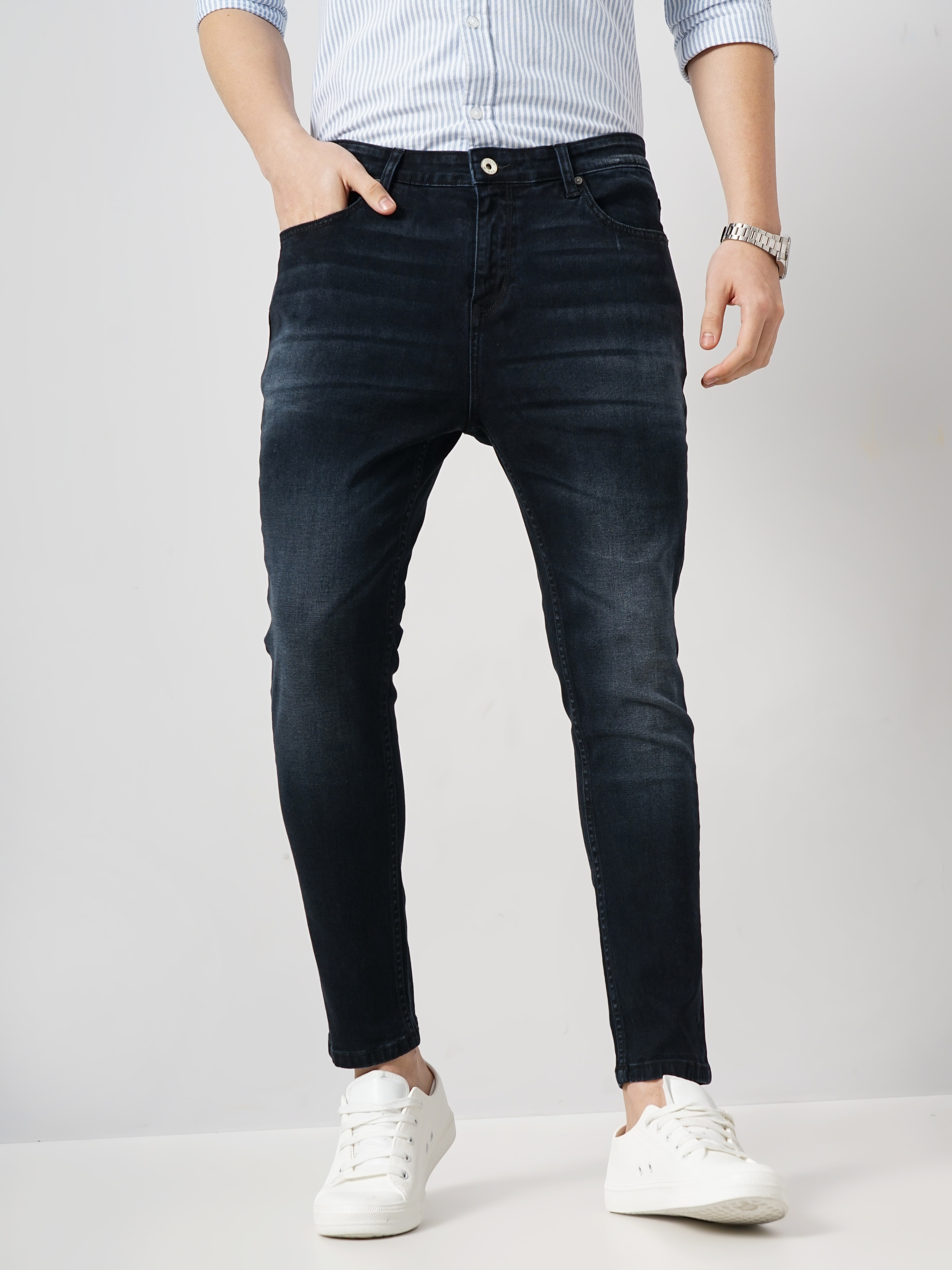 celio | Celio Men Black Solid Skinny Fit Cotton Knit Dobby Denim Jeans