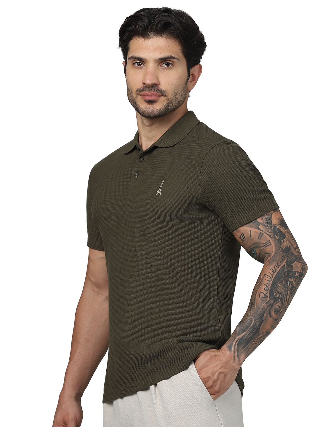 celio | Celio Men Olive Solid Regular Fit Cotton Basic Polo Tshirts