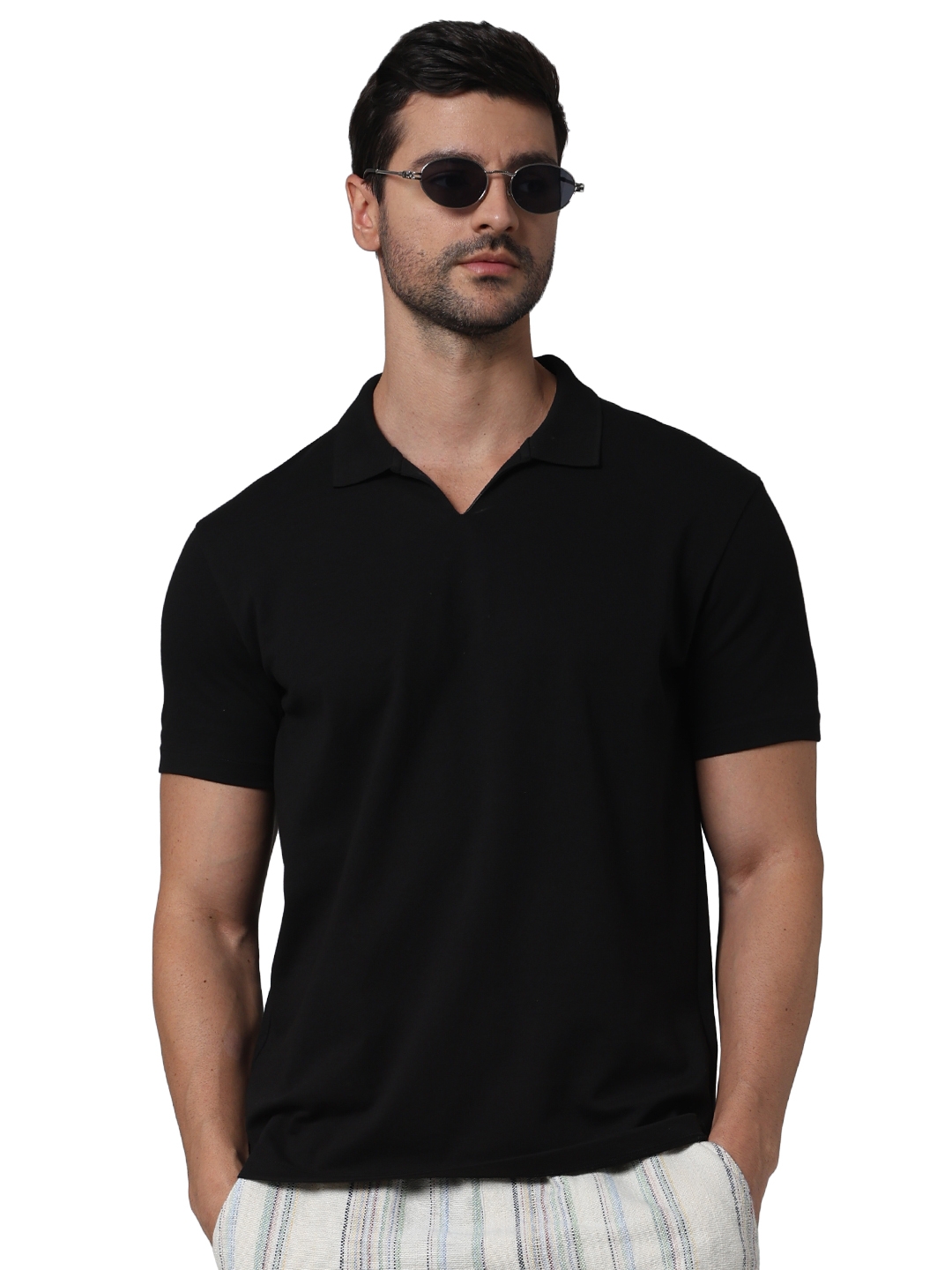 celio | Celio Men Black Solid Regular Fit Cotton Basic Polo Tshirt
