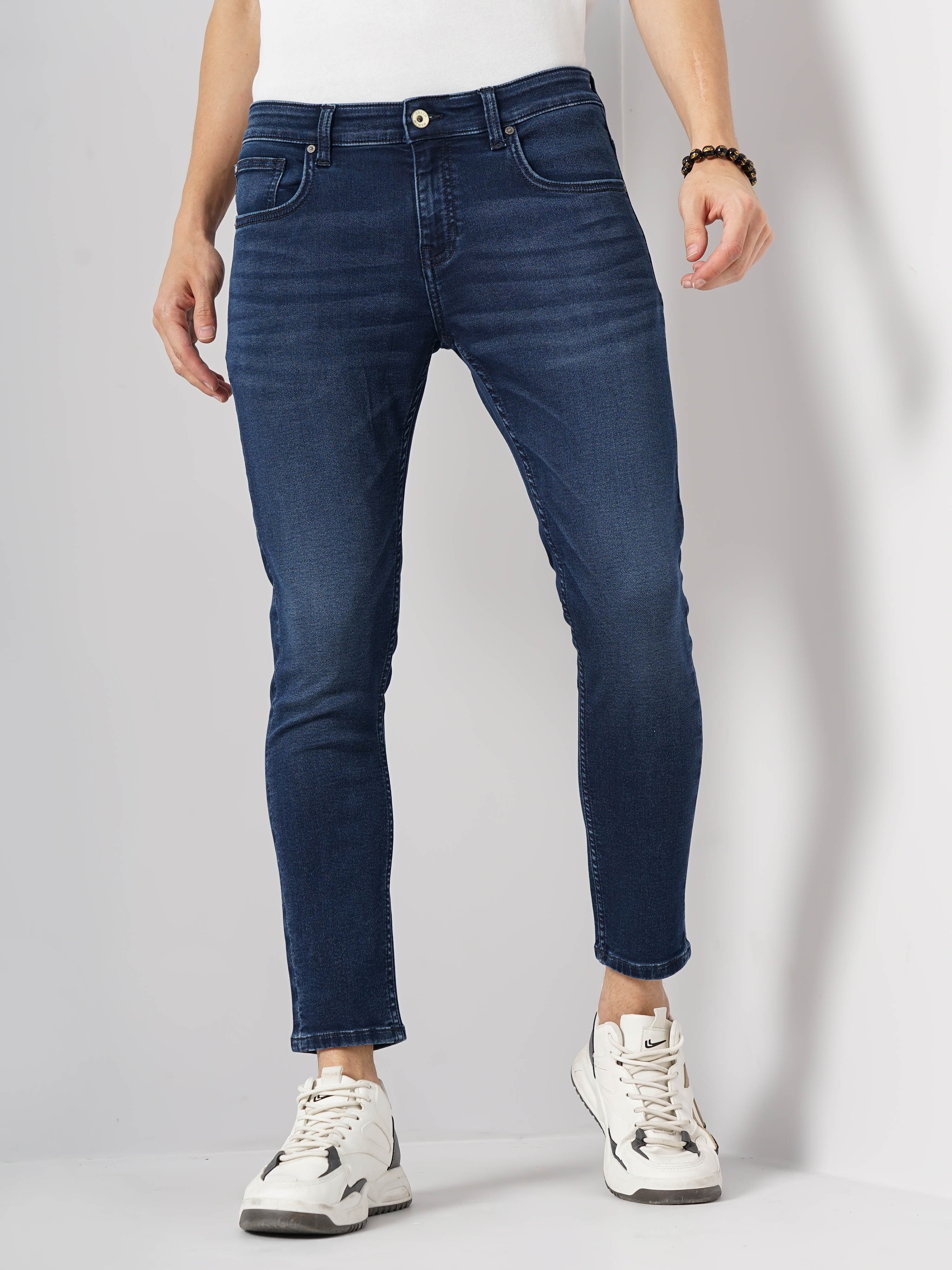 celio | Celio Men Blue Solid Skinny Fit Cotton Ankle Length Jeans