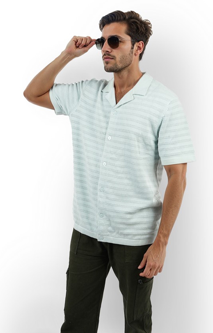 celio | Celio Men Green Striped Regular Fit Cotton Knit Shirt