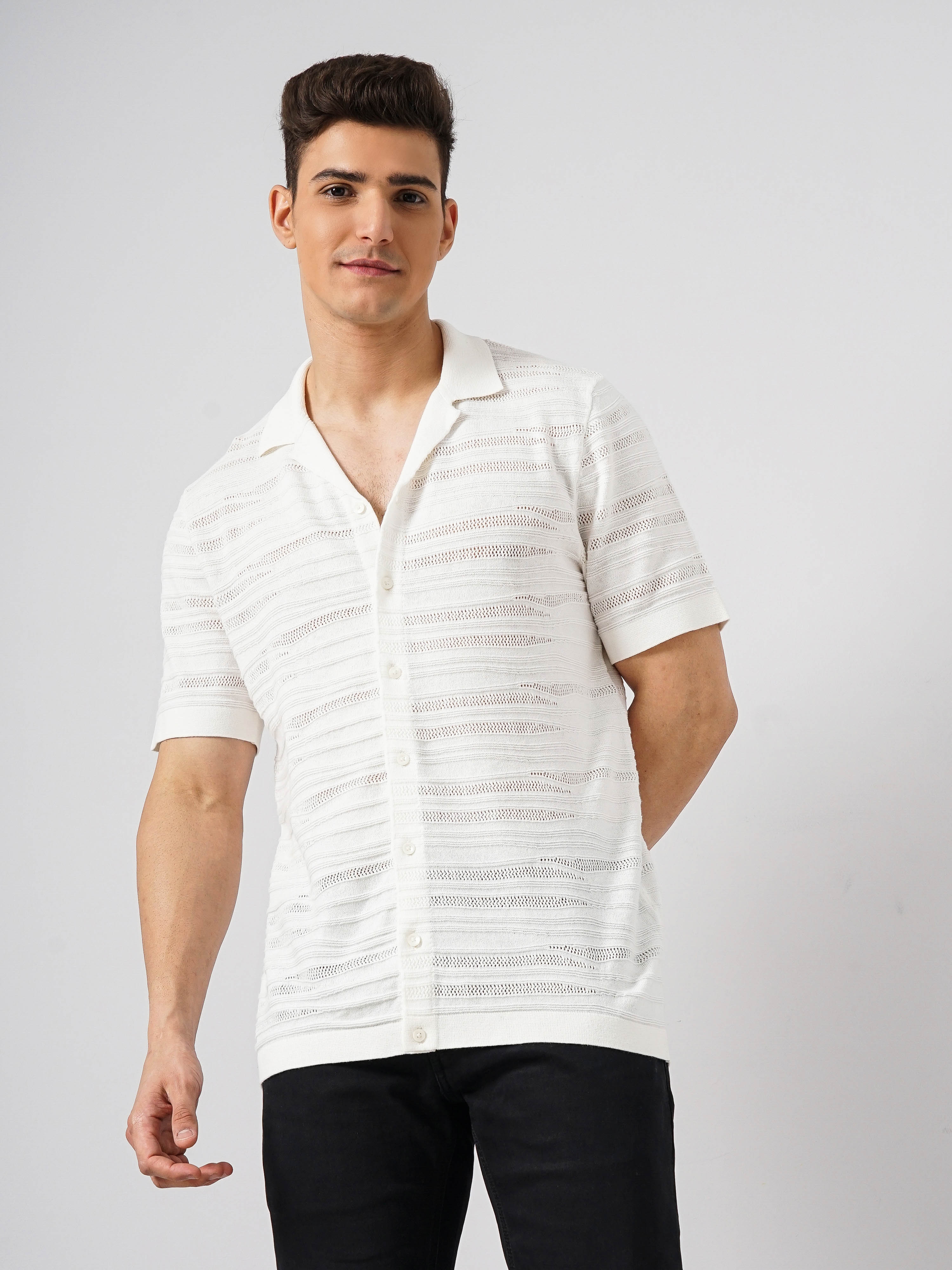 celio | Celio Men Off White Solid Regular Fit Cotton Flatknit Shirt