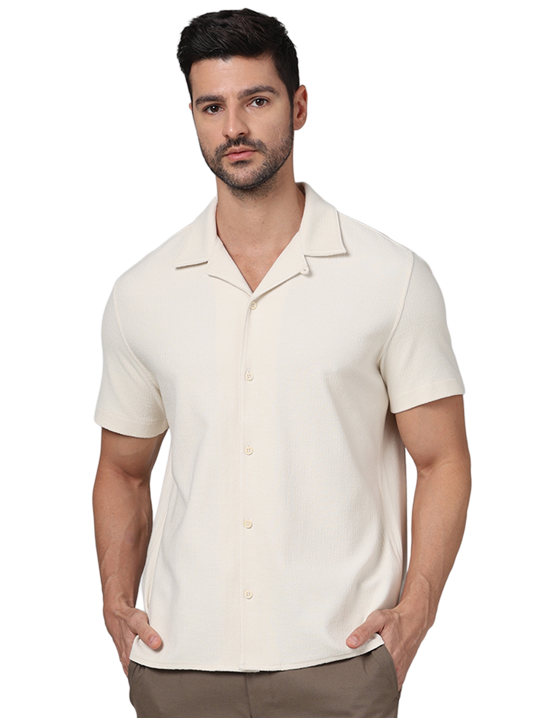 celio | Celio Men Beige Solid Regular Fit Cotton Flat Knit Casual Shirt