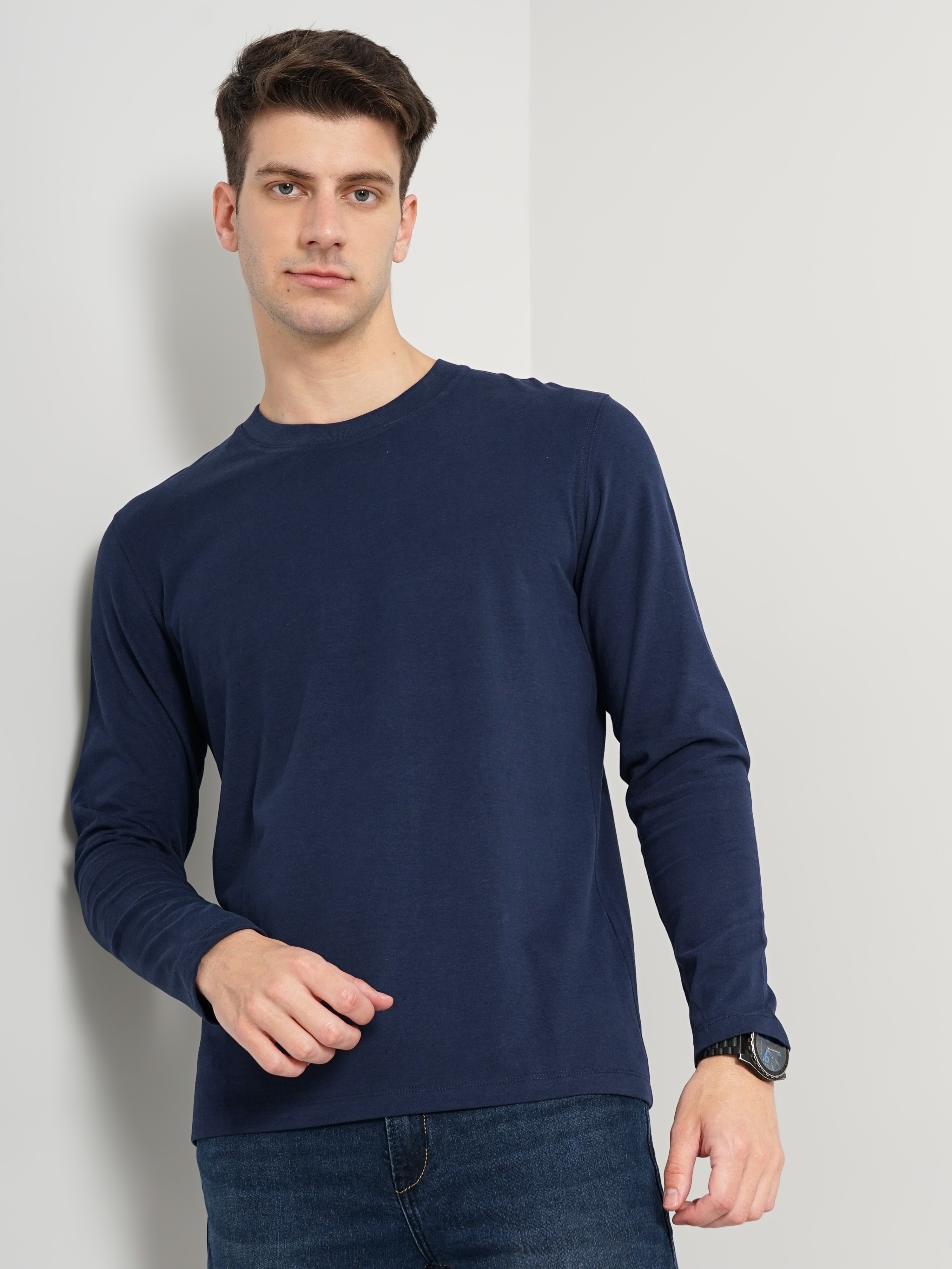 Celio Men Navy Blue Solid Regular Fit Pure Cotton Jersey Tshirt