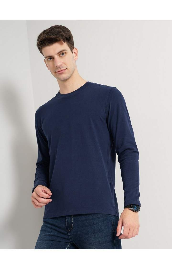 Celio Men Navy Blue Solid Regular Fit Pure Cotton Jersey Tshirt