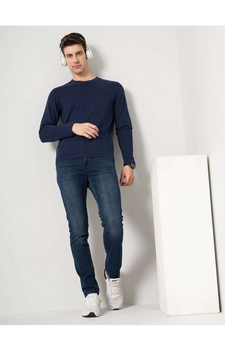 Celio Men Navy Blue Solid Regular Fit Pure Cotton Jersey Tshirt