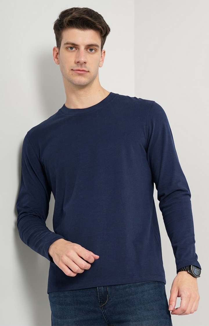 celio | Celio Men Navy Blue Solid Regular Fit Pure Cotton Jersey Tshirt