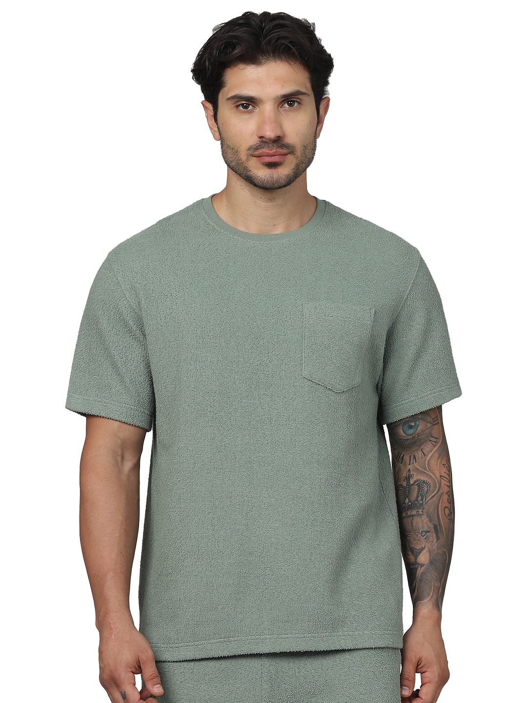 Celio Men Khaki Solid Regular Fit Cotton Fashion Tshirts