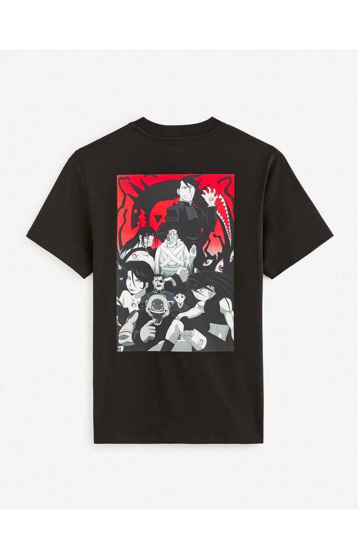 Celio Men Black Printed Regular Fit Cotton Full Metal Alchemist Tshirt