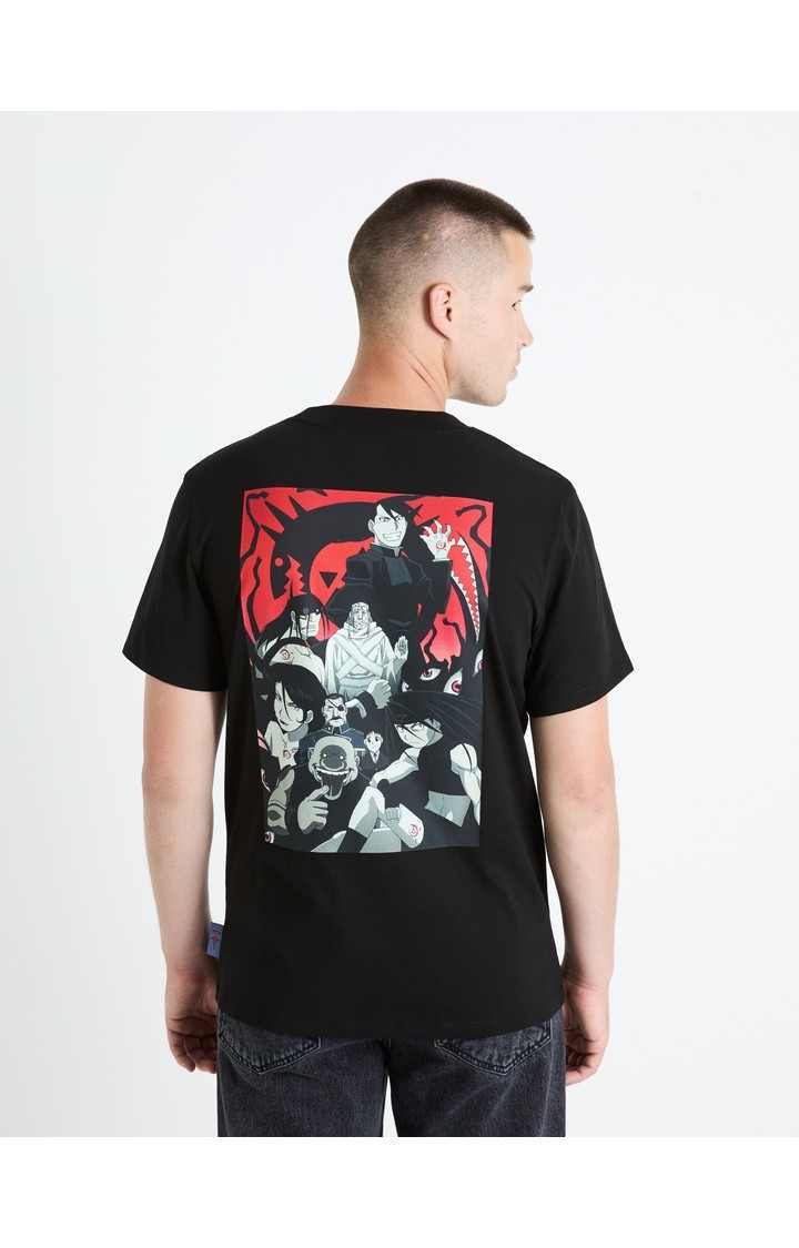 Celio Men Black Printed Regular Fit Cotton Full Metal Alchemist Tshirt