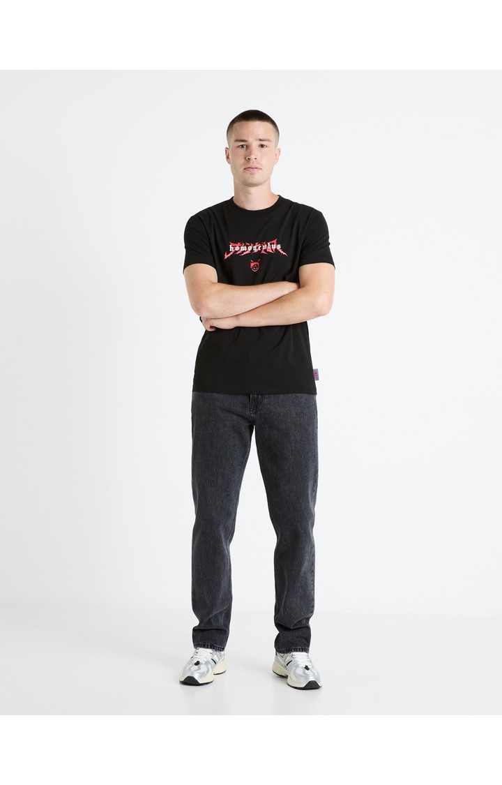 Celio Men Black Printed Regular Fit Cotton Full Metal Alchemist Tshirt