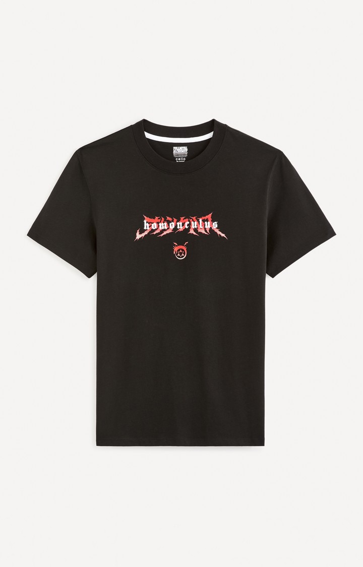 Celio Men Black Printed Regular Fit Cotton Full Metal Alchemist Tshirt