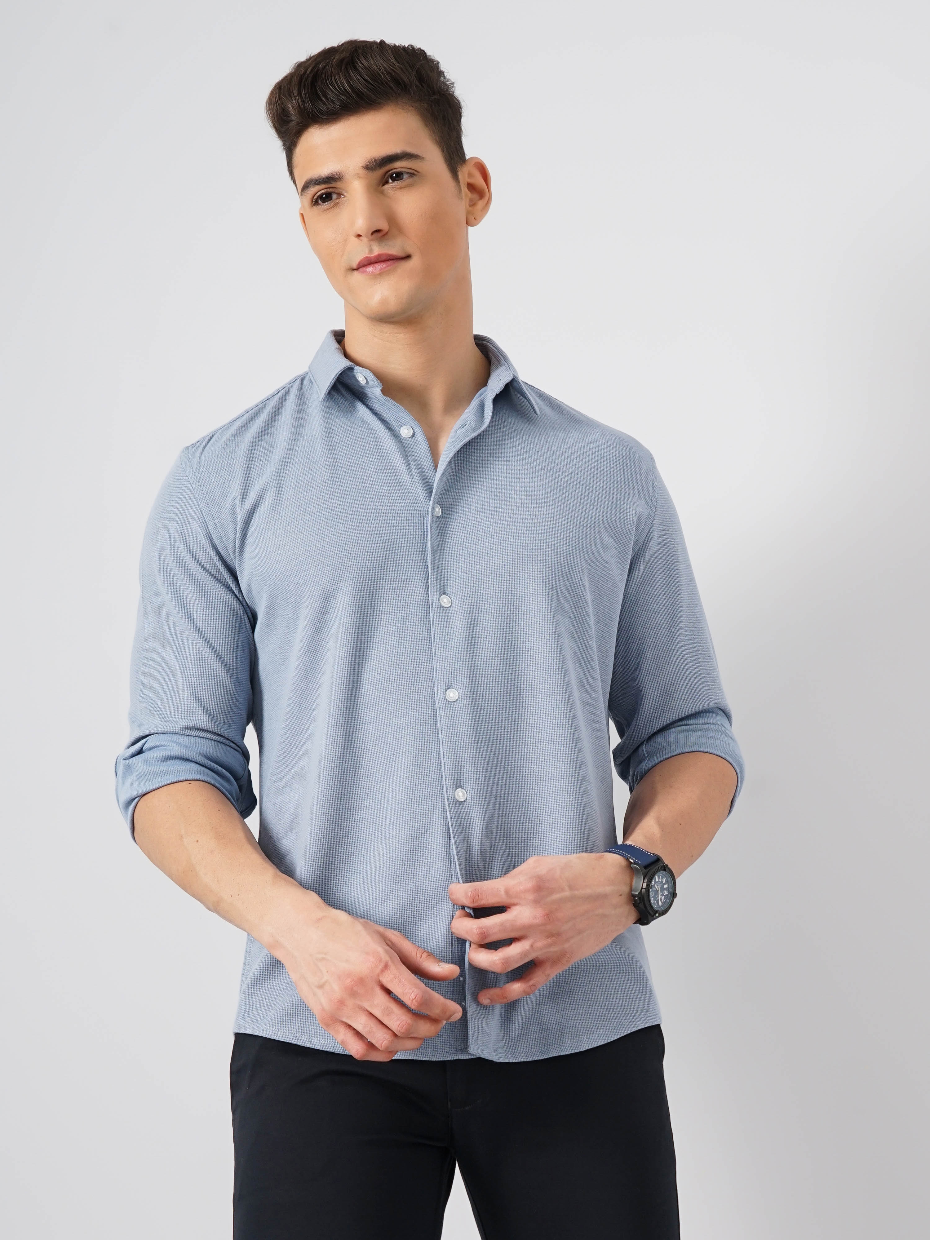 Celio Men Blue Solid Regular Fit Polyester Casual Shirt
