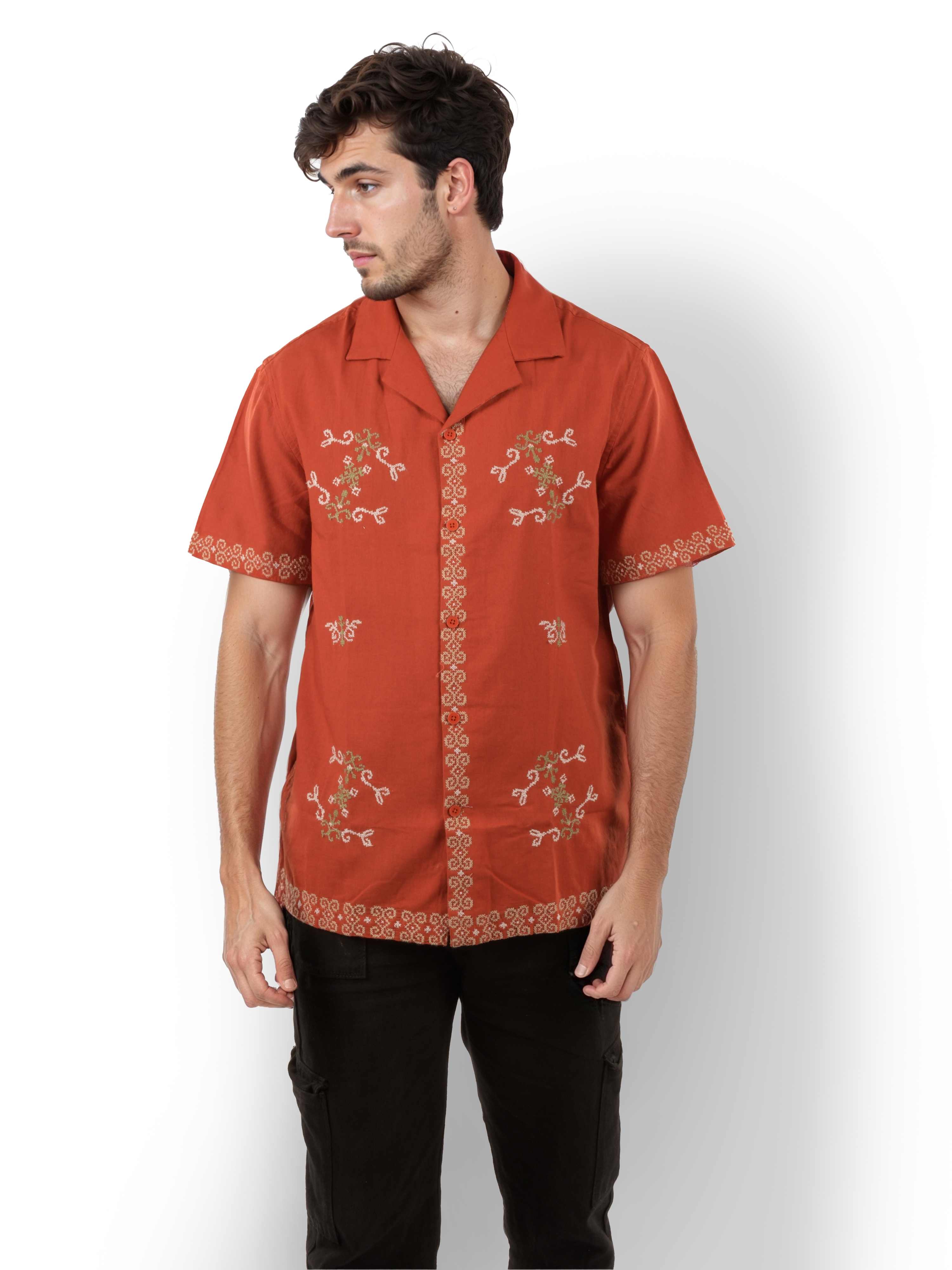 Celio Men Red Printed Regular Fit Linen Embrodery Shirts