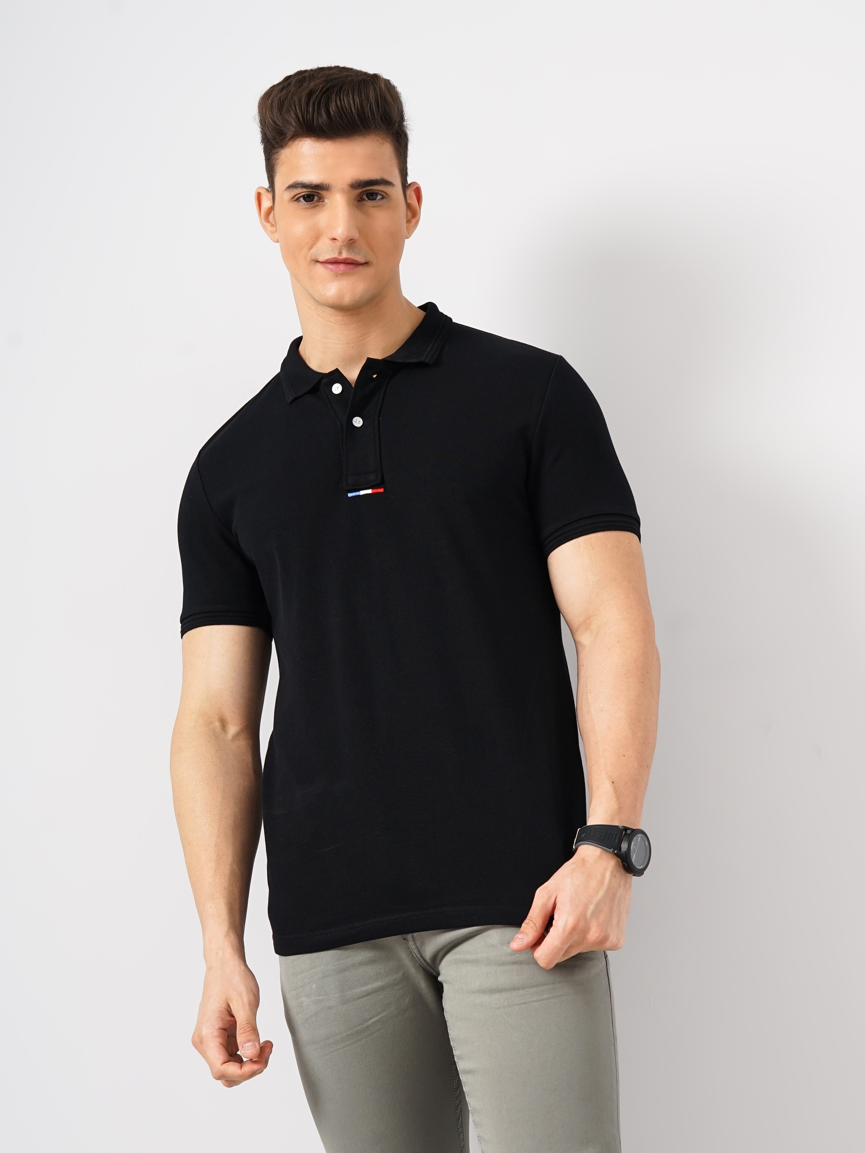 Celio Men Black Solid Regular Fit Cotton Basic Polo Tshirts