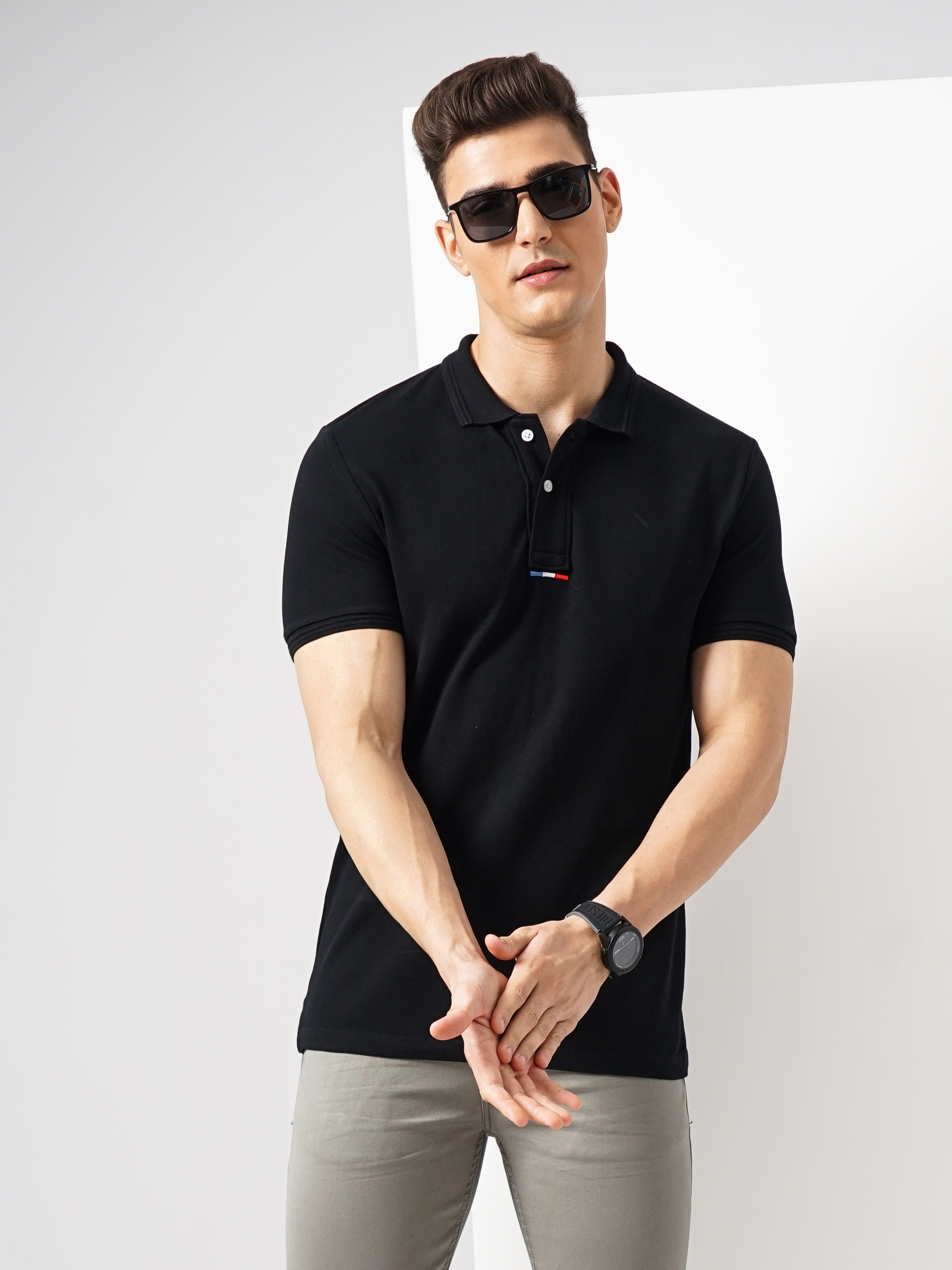 celio | Celio Men Black Solid Regular Fit Cotton Basic Polo Tshirts