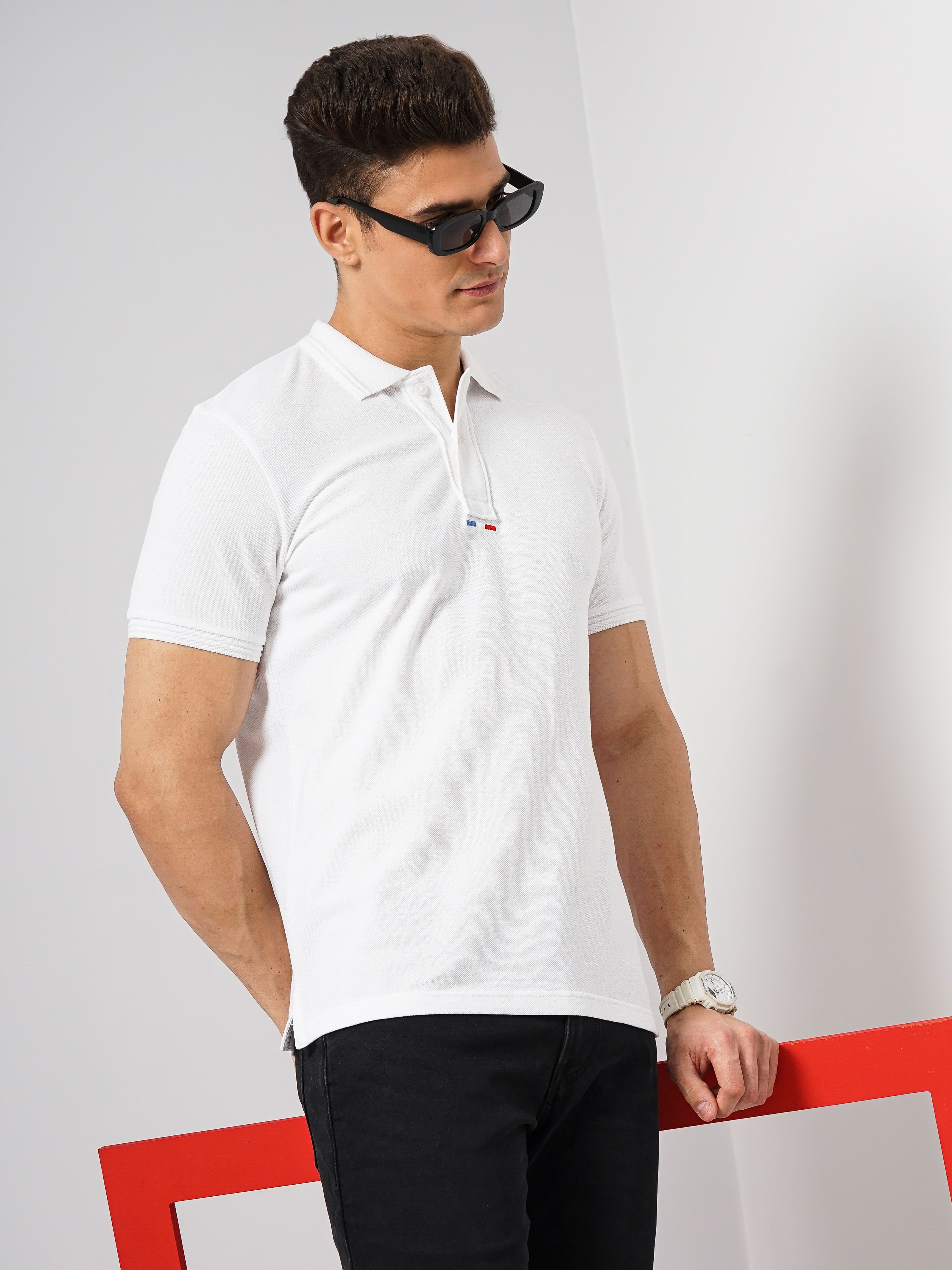 Celio Men White Solid Regular Fit Cotton Basic Polo Tshirts