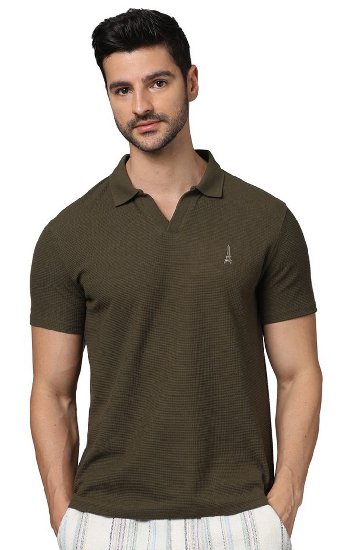 Celio Men Olive Solid Regular Fit Cotton Basic Polo Tshirts