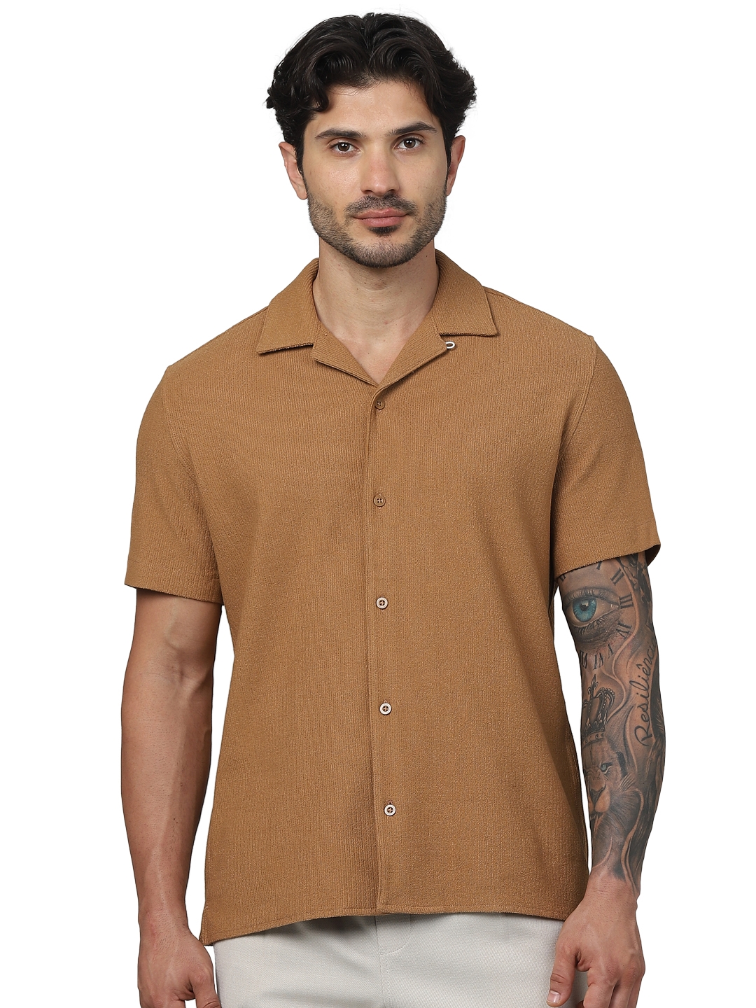 celio | Celio Men Brown Solid Regular Fit Cotton Flat Knit Shirts