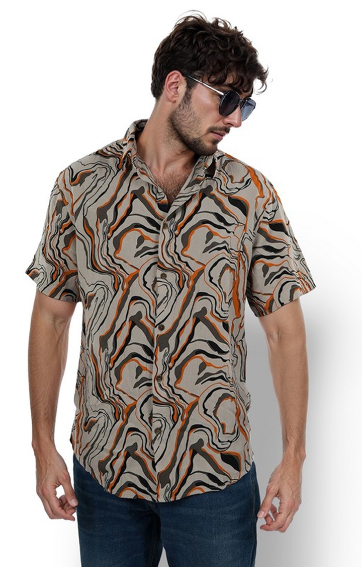 celio | Celio Men Taupe Printed Regular Fit Viscose Rayon Soft Touch Shirt