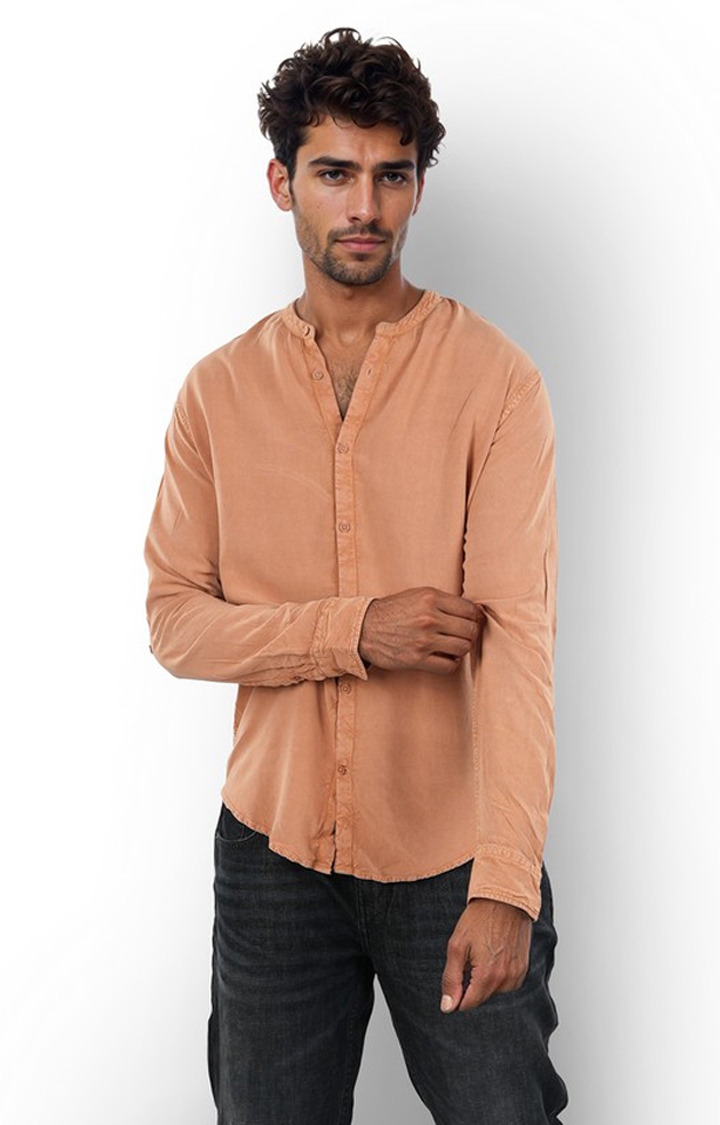 celio | Celio Men Brown Solid Regular Fit Cotton Od Shirt