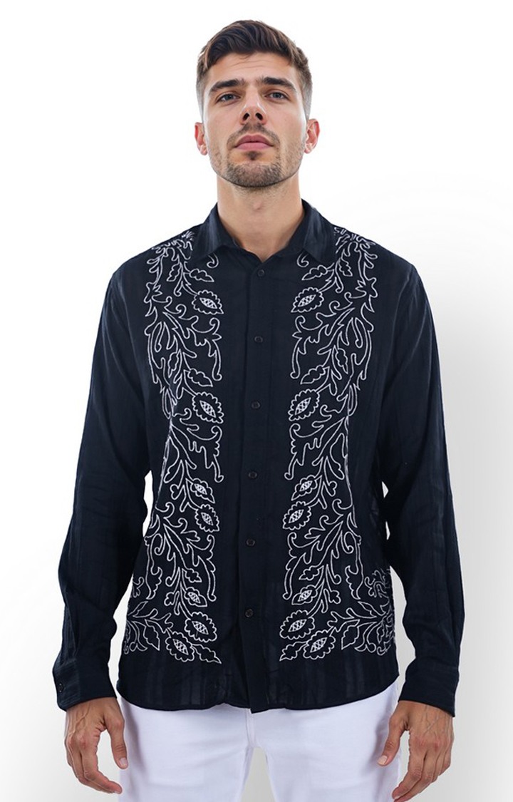Celio Men Black Printed Regular Fit Cotton Emb Shirts