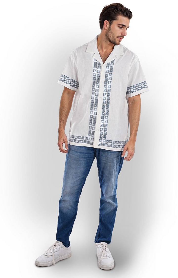 celio | Celio Men White Printed Boxy Cotton Emb Shirts