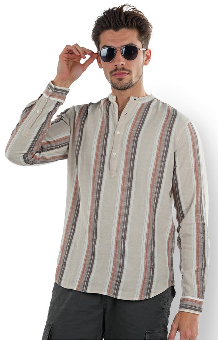 celio | Celio Men Brown Striped Regular Fit Cotton Casual Shirt